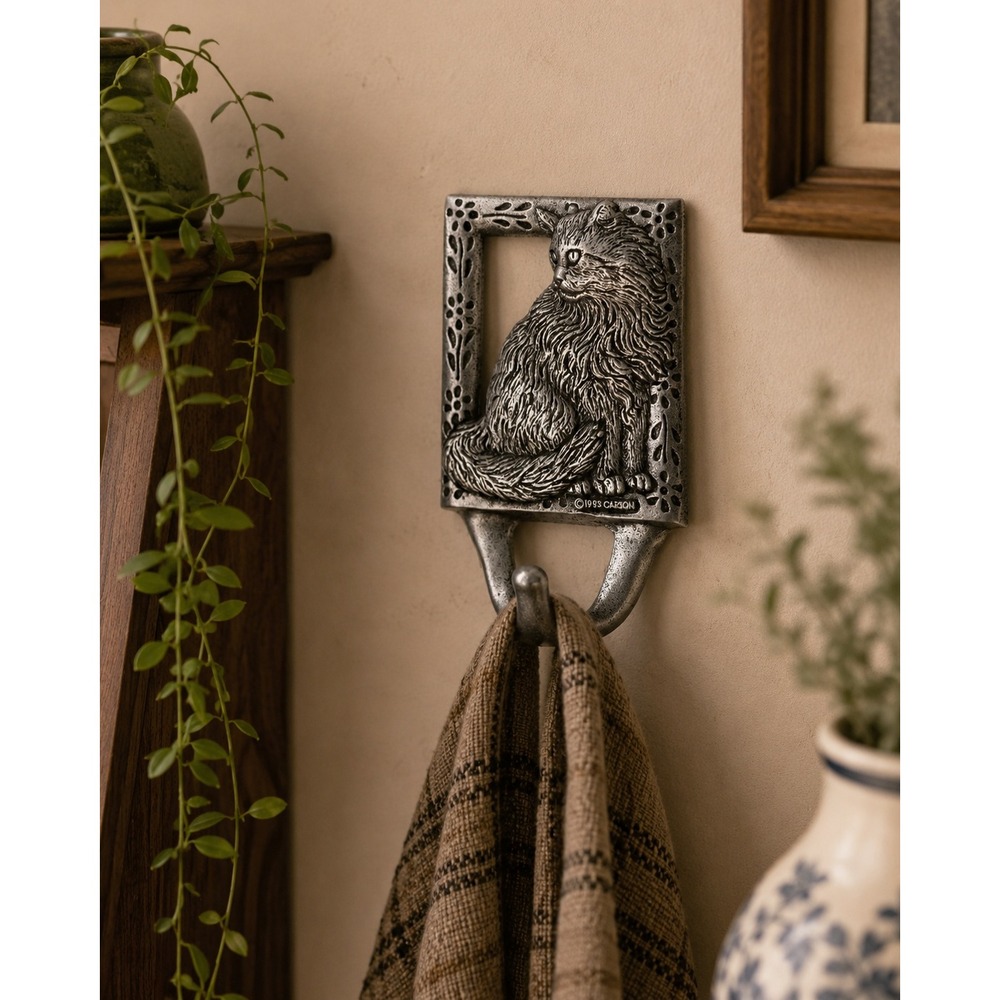 Vintage 1993 Carson Pewter Longhair Cat Wall Hook Floral Frame Silver Tone Metal